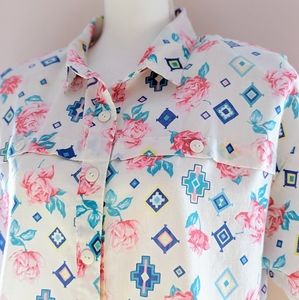 Vintage Floral Blouse Short Sleeve Button Down Collared Colourful Pastel Large